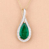 Natural Zambian Emerald and White Diamond 14K Gold Crossover Pendant