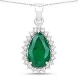 Genuine Zambian Emerald and White Diamond 14K White Gold Pendant