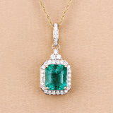 Genuine Zambian Emerald and White Diamond 14K Gold Halo Pendant