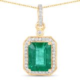 Natural Zambian Emerald White Diamond 14K Gold Halo Pendant