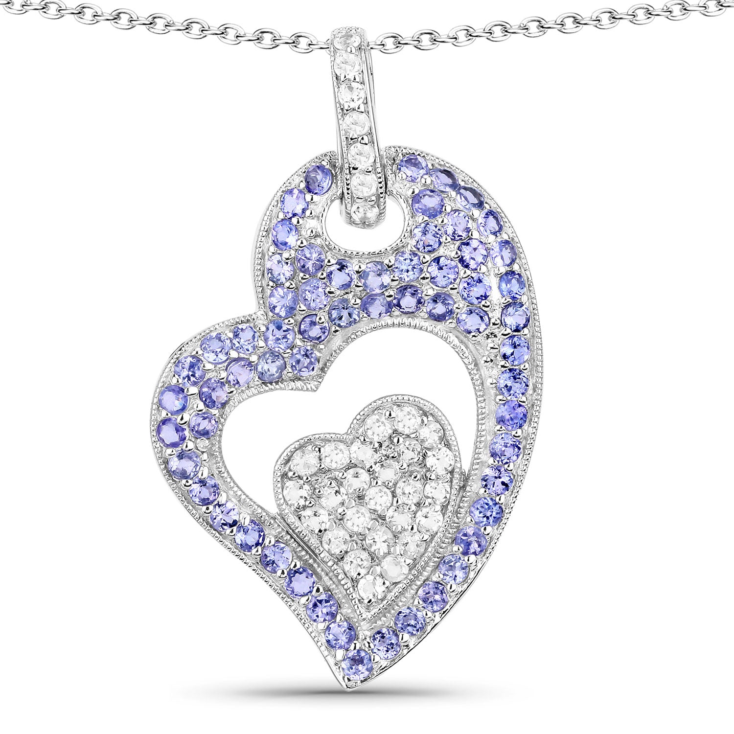 3.26 Cttw Round Violet Tanzanite Pavé Rhodium over Silver Double Heart Pendant Necklace