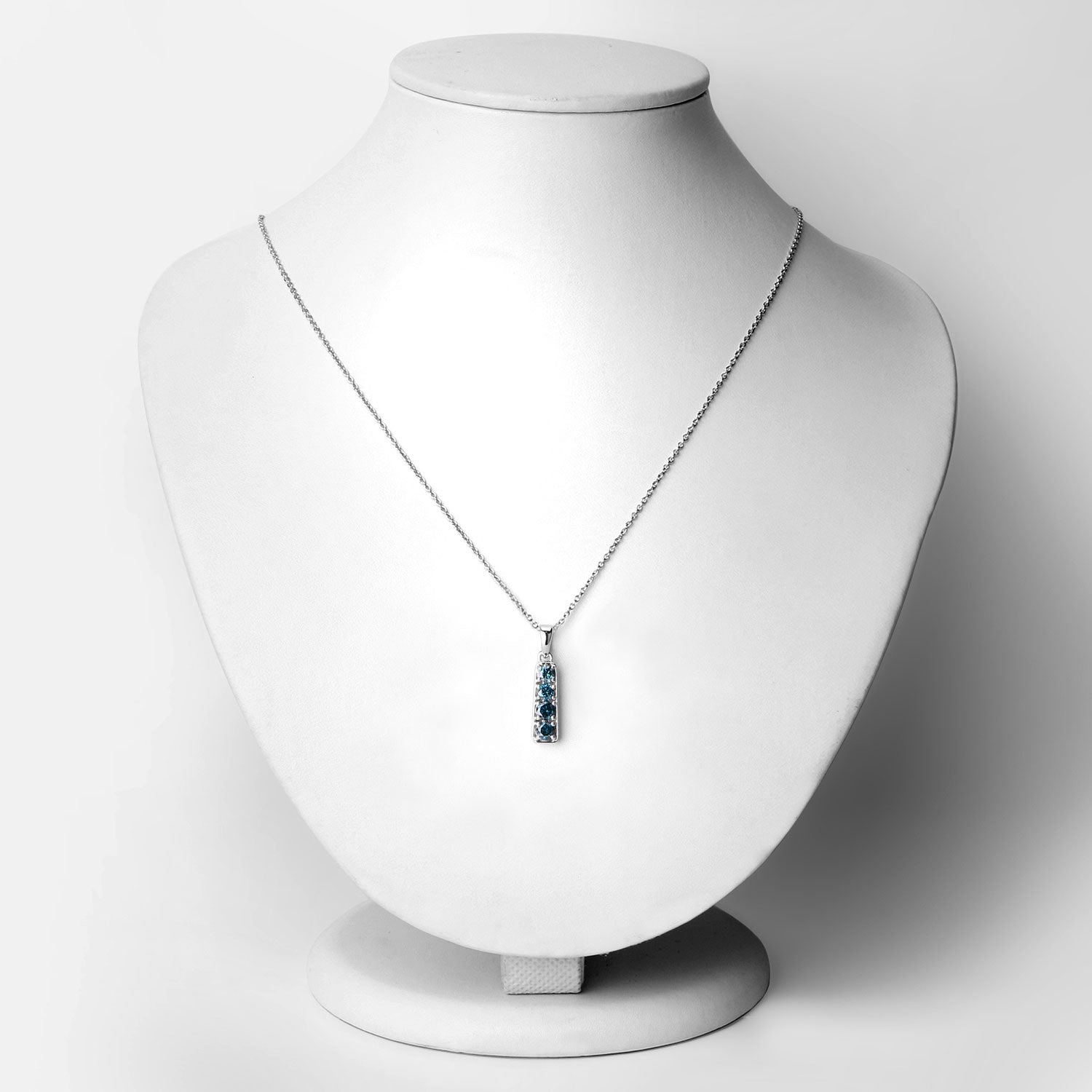 0.76 Cttw Round Teal Blue Diamond Rhodium Plated Silver Journey Bar Pendant Necklace
