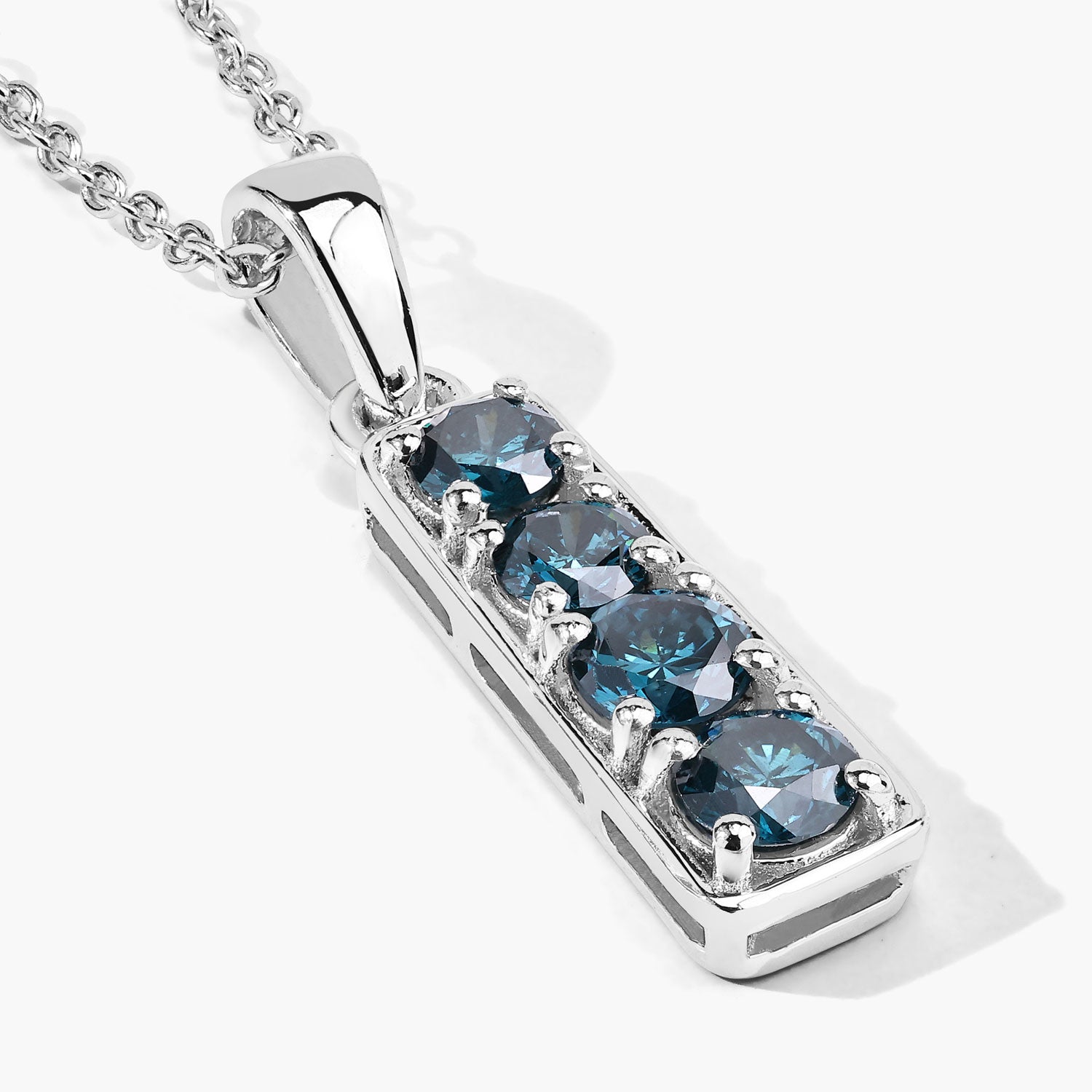 0.76 Cttw Round Teal Blue Diamond Rhodium Plated Silver Journey Bar Pendant Necklace