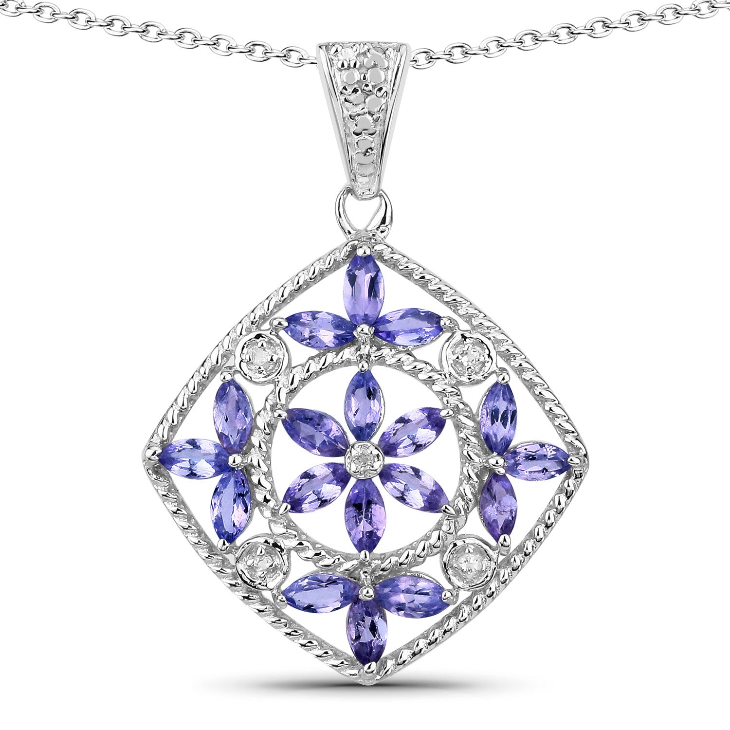 1.47 Cttw Marquise Violet Tanzanite Rhodium over Silver Floral Rhombus Pendant Necklacce
