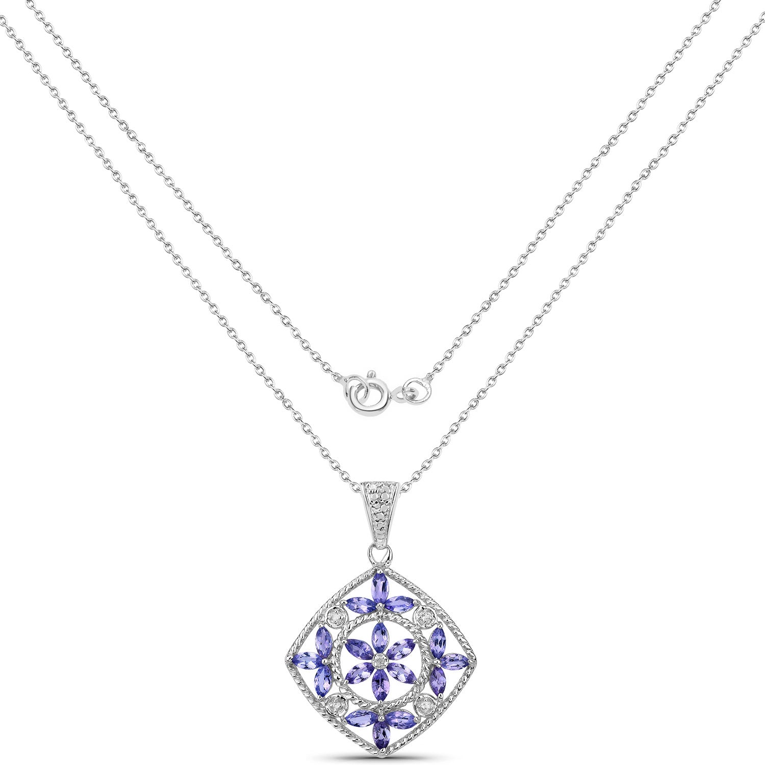 1.47 Cttw Marquise Violet Tanzanite Rhodium over Silver Floral Rhombus Pendant Necklacce