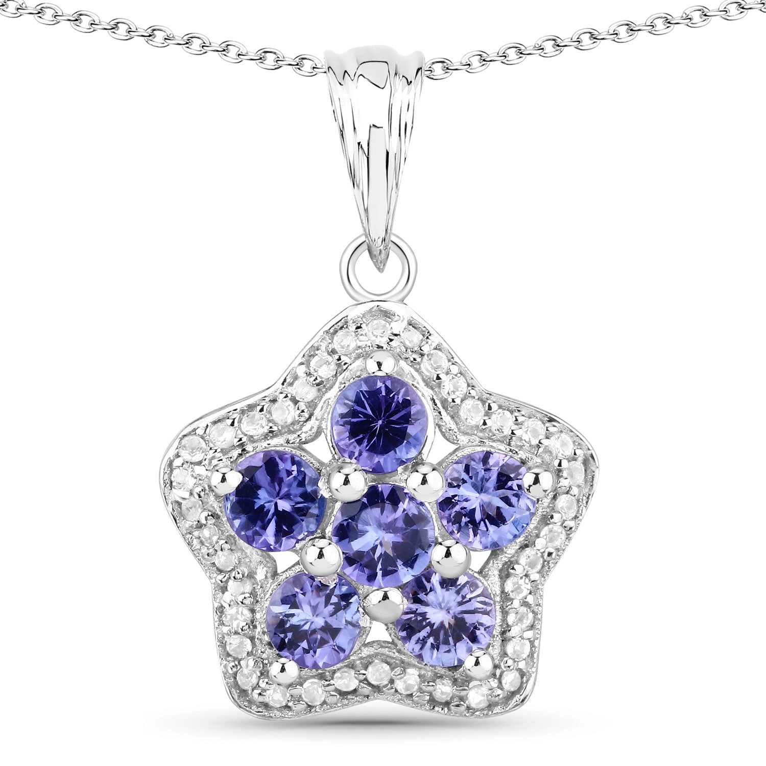 1.57 Cttw Round Violet Tanzanite Rhodium over Silver Star Floral Halo Pendant Necklace