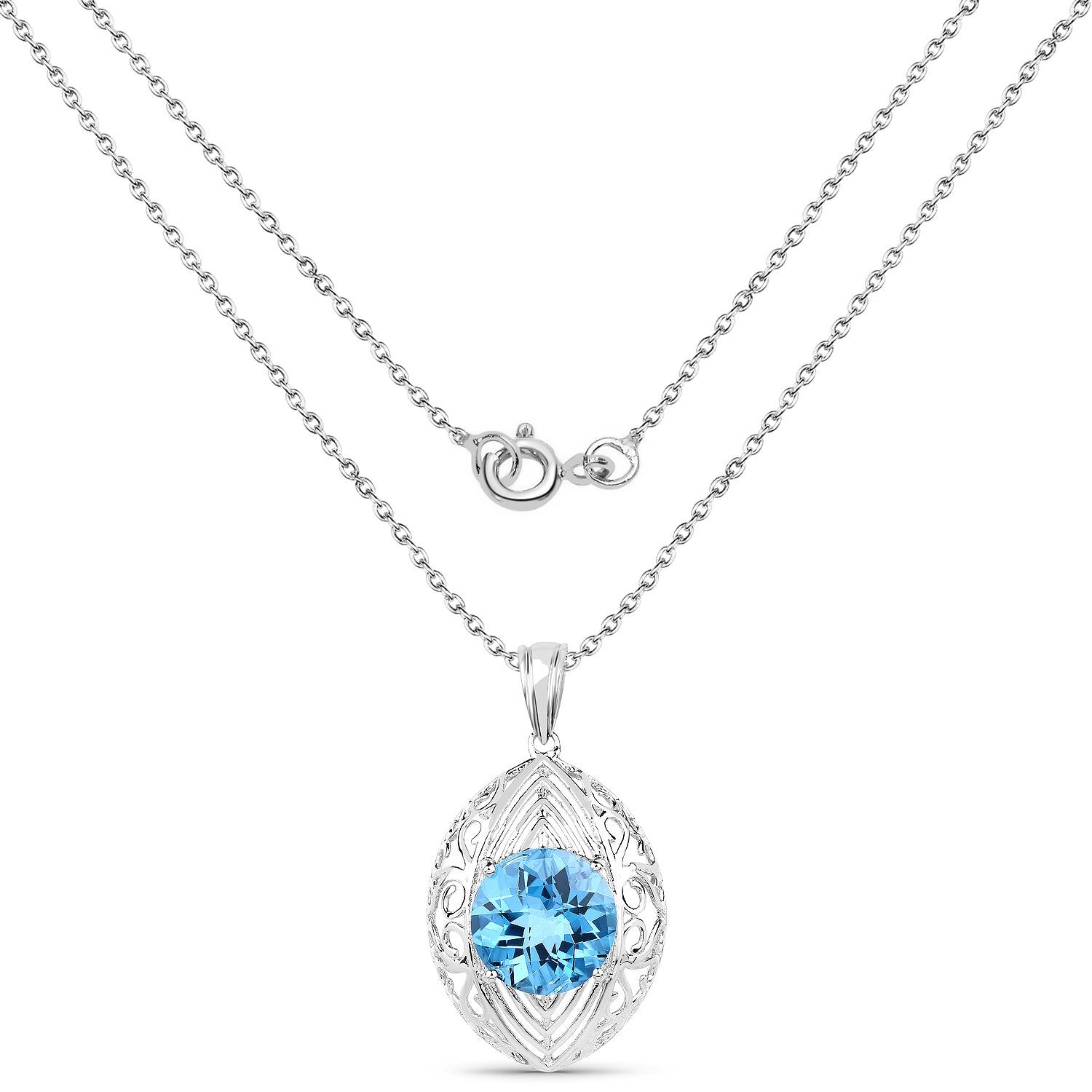 Genuine Swiss Blue Topaz Solitaire Pendant Necklace