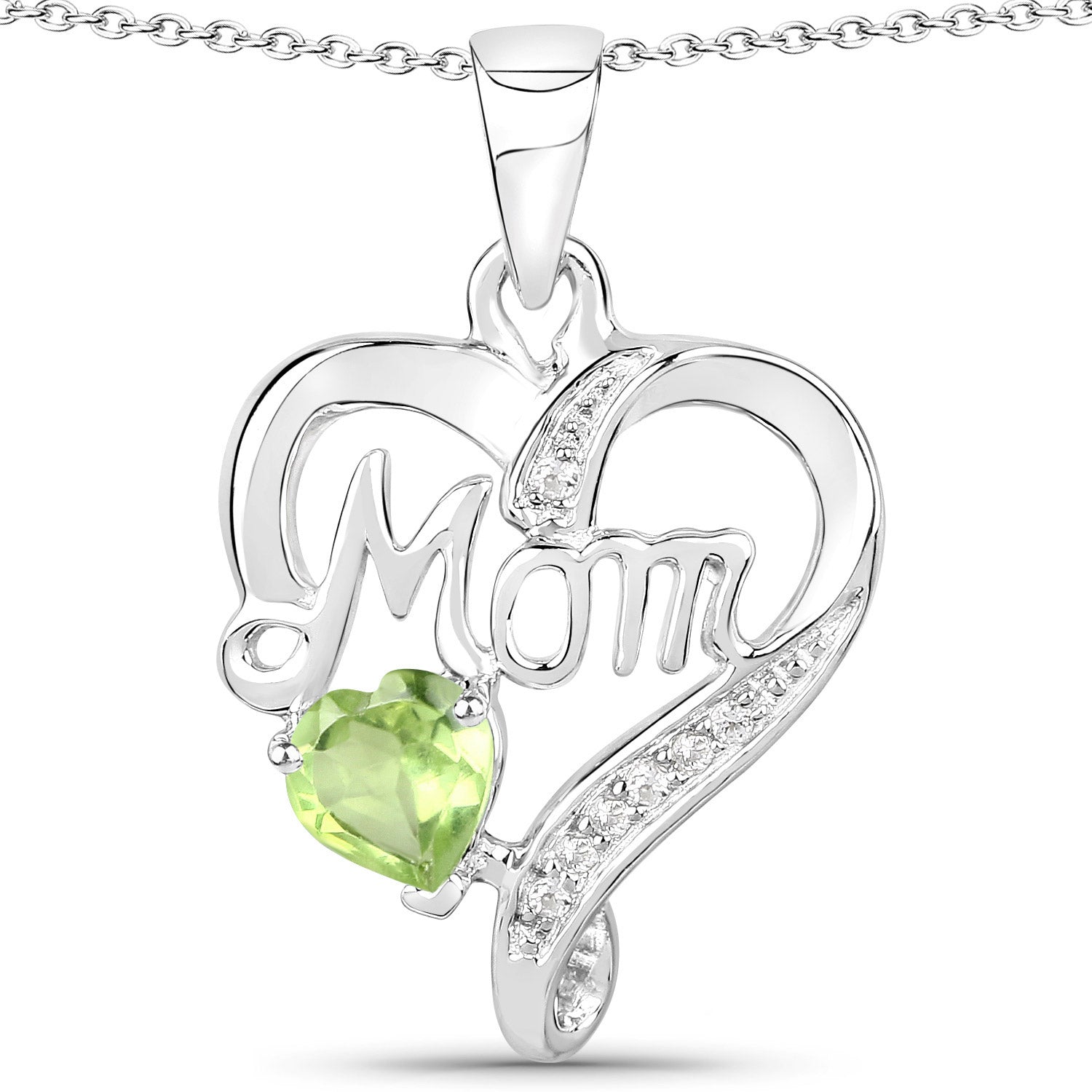 Genuine Peridot Heart Mom Pendant Necklace