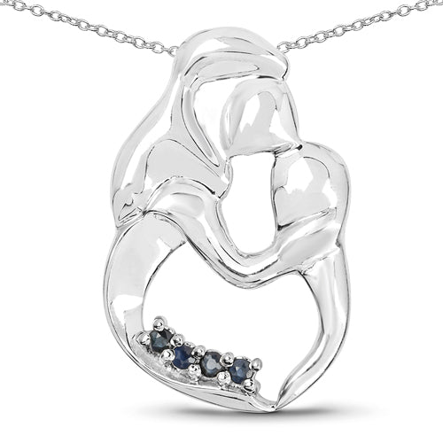 Genuine Blue Sapphire Silver Mom Pendant Necklace
