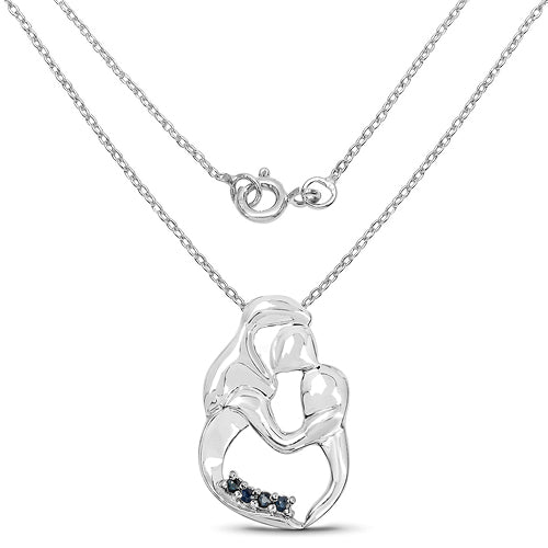 Genuine Blue Sapphire Silver Mom Pendant Necklace