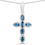 Genuine London Blue Topaz Cross Pendant Necklace