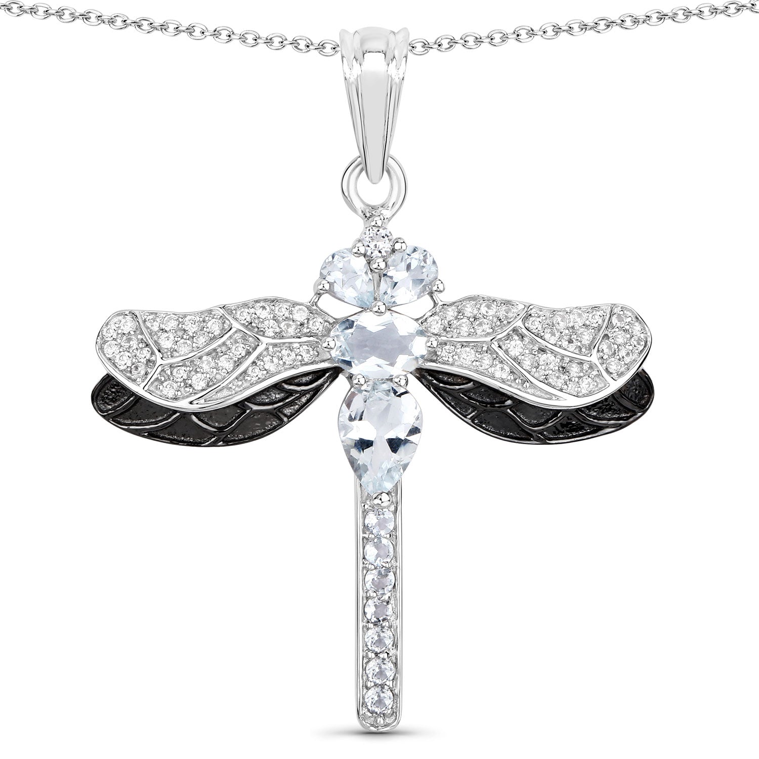Blue Genuine Aquamarine Sterling Silver Dragonfly Necklace