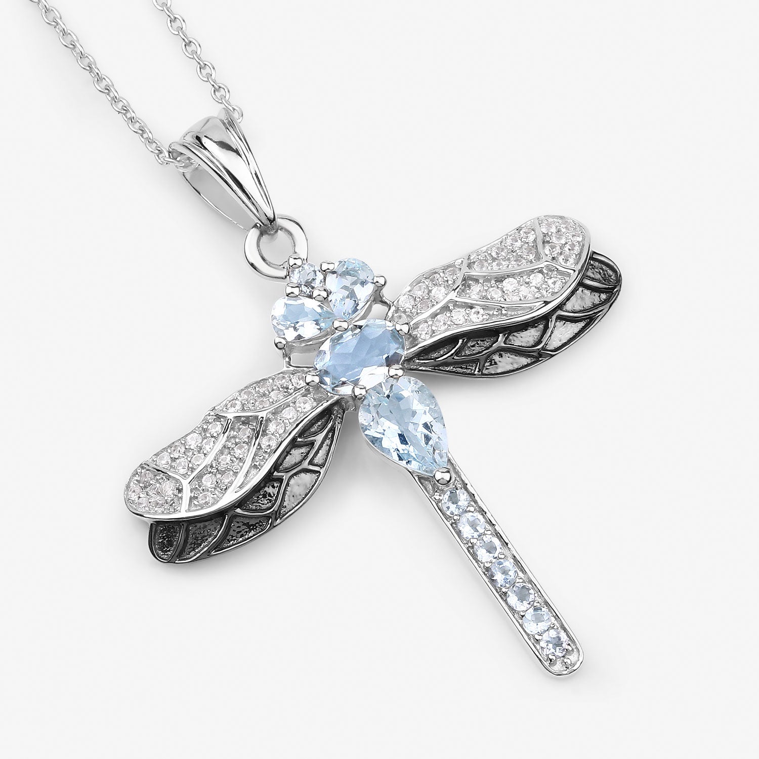 Blue Genuine Aquamarine Sterling Silver Dragonfly Necklace