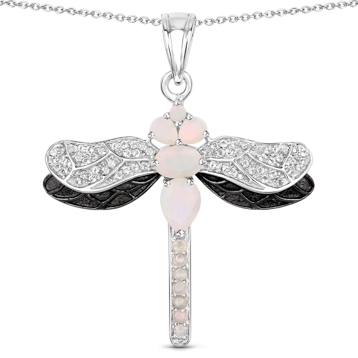 Genuine Ethiopian Opal Silver Dragonfly Pendant Necklace