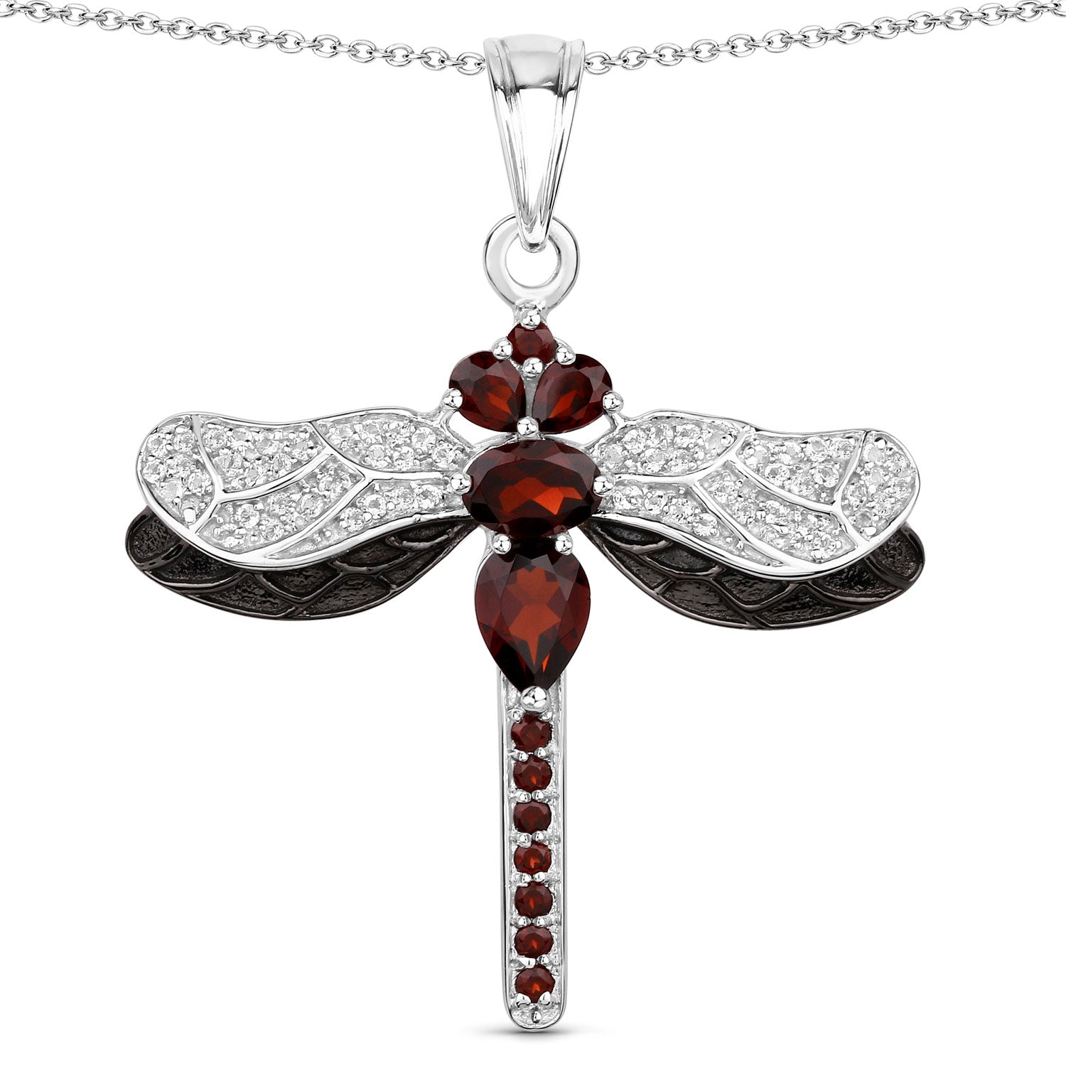 Genuine Red Garnet Silver Dragonfly Necklace