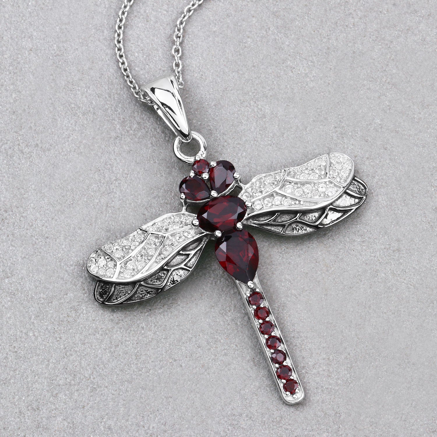 Genuine Red Garnet Silver Dragonfly Pendant Necklace
