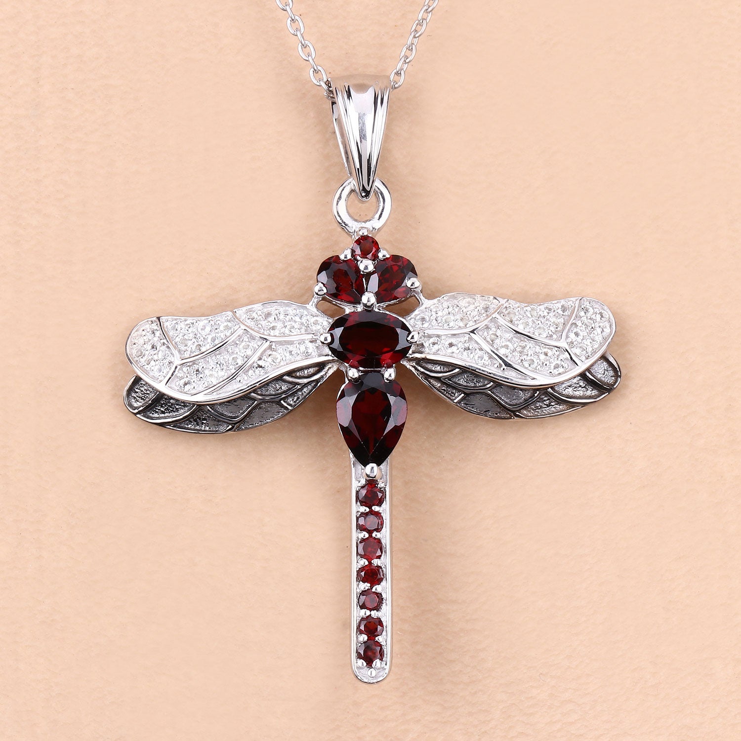 Genuine Red Garnet Silver Dragonfly Pendant Necklace