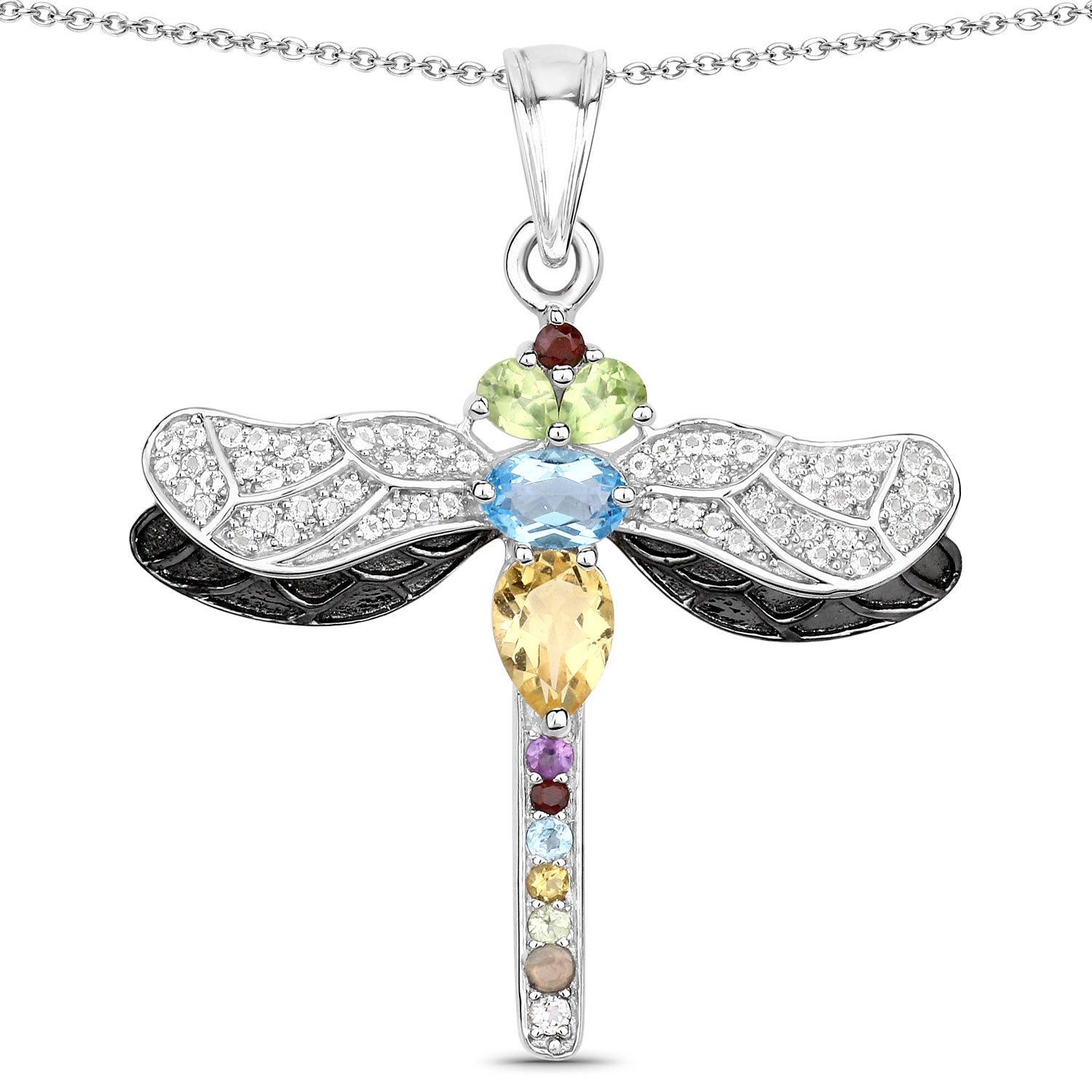 Genuine Multi Stone Silver Dragonfly Pendant Necklace