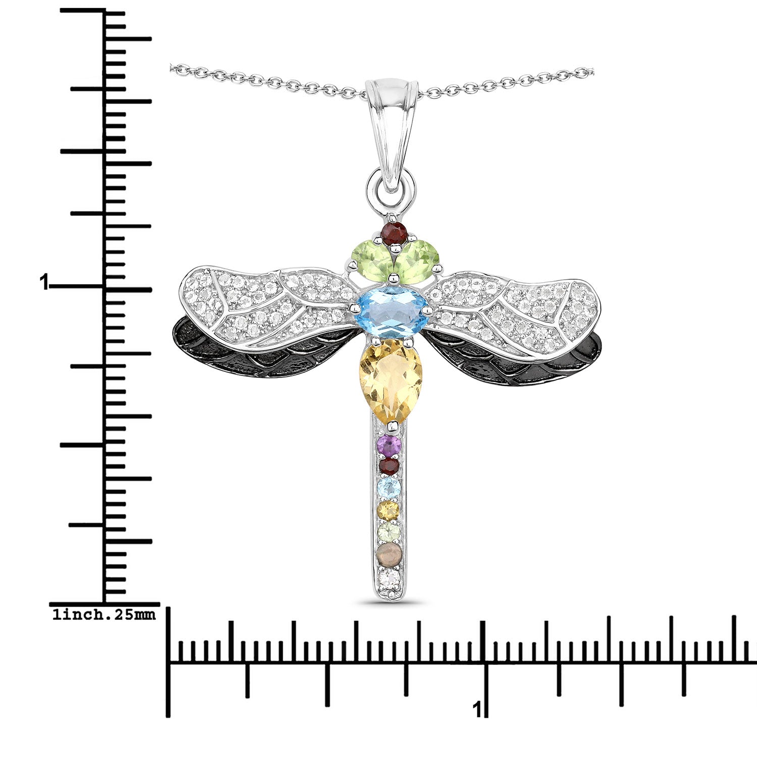 Genuine Multi Stone Silver Dragonfly Pendant Necklace