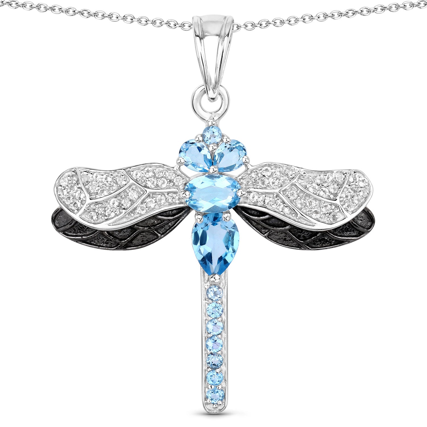 Genuine Swiss Blue Topaz Silver Dragonfly Pendant Necklace
