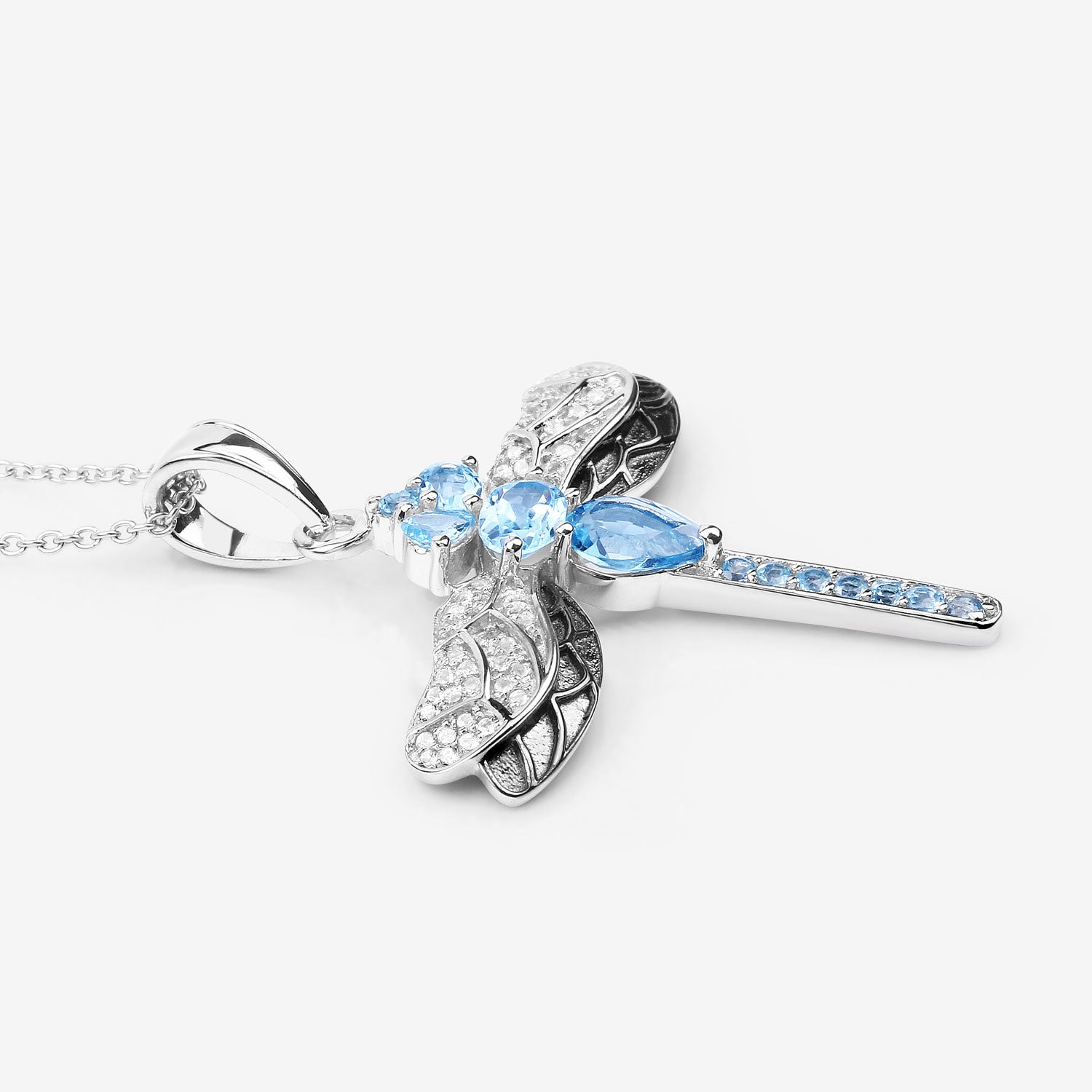 Genuine Swiss Blue Topaz Silver Dragonfly Pendant Necklace