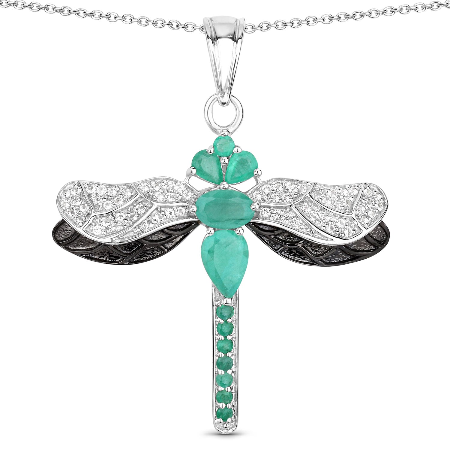 Green Zambian Emerald Sterling Silver Dragonfly Pendant Necklace
