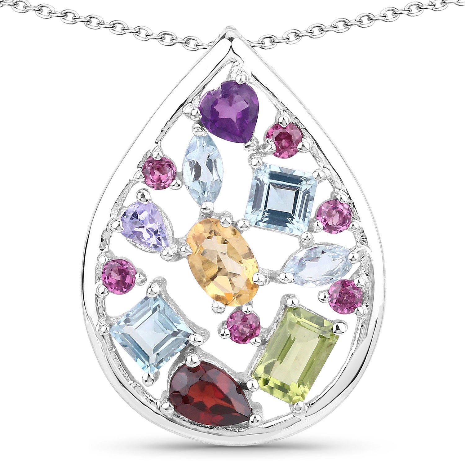 3.42 Cttw Multi-Shape Multicolor Multi-Gemstone Rhodium over Silver Teardrop Pendant Necklace