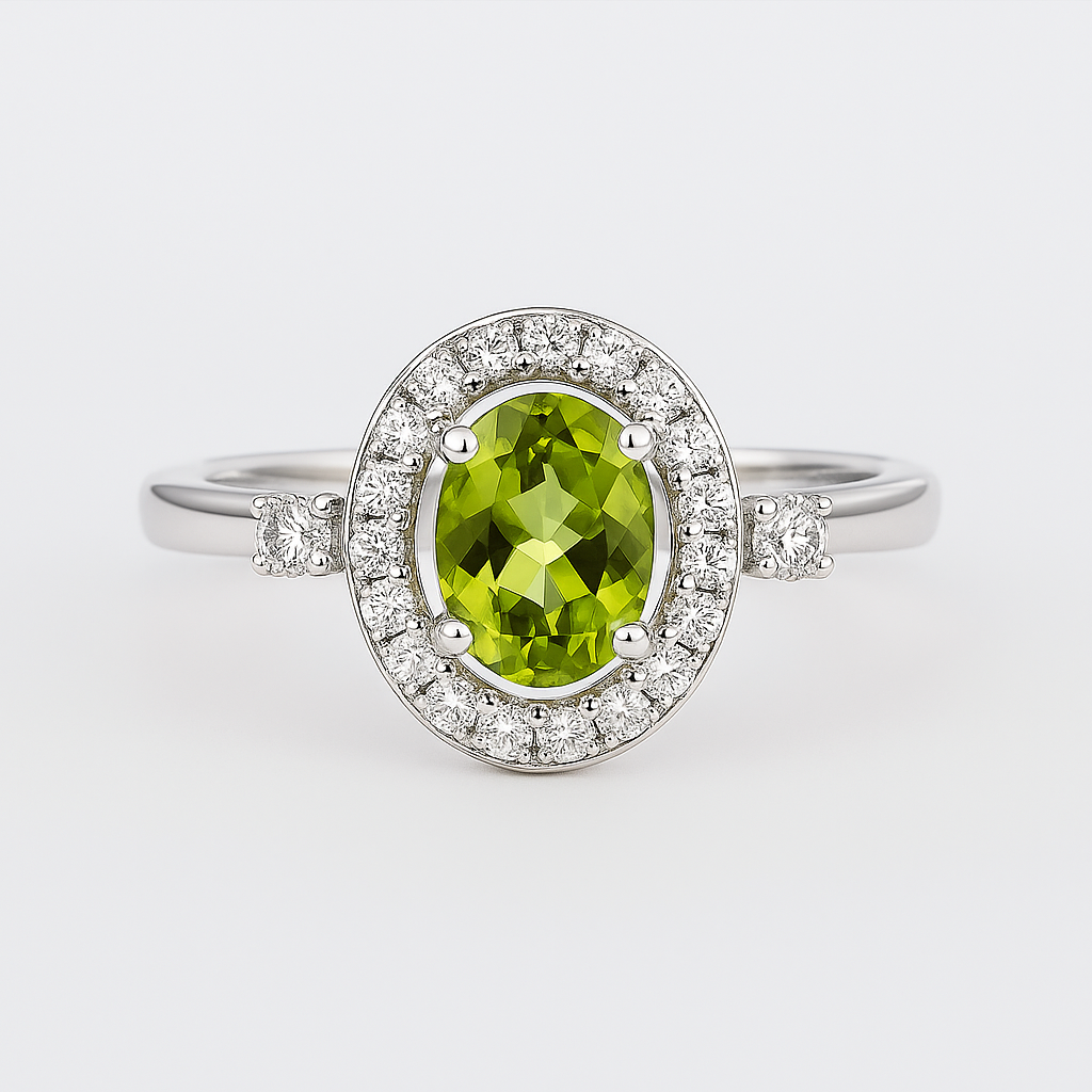 Natural Green Peridot Sterling Silver halo Engagement Ring