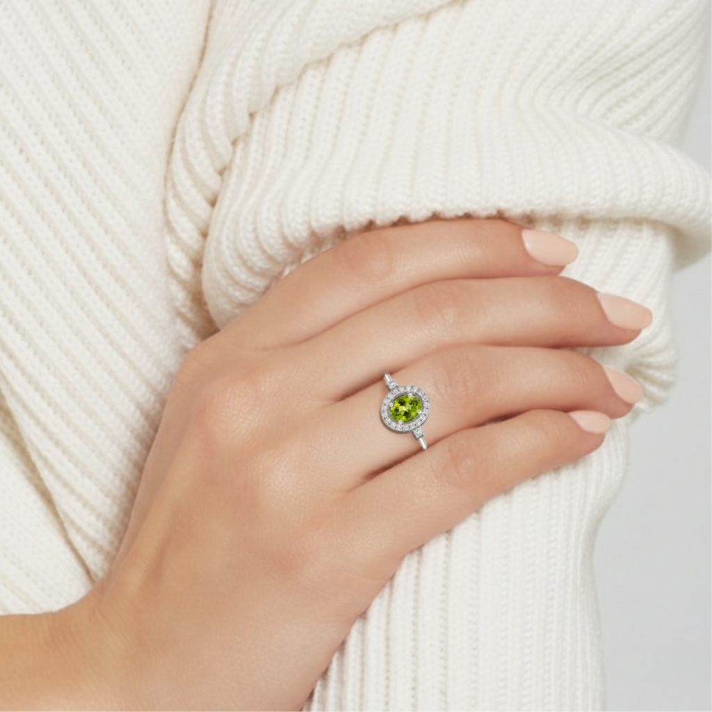 Natural Green Peridot Sterling Silver halo Engagement Ring