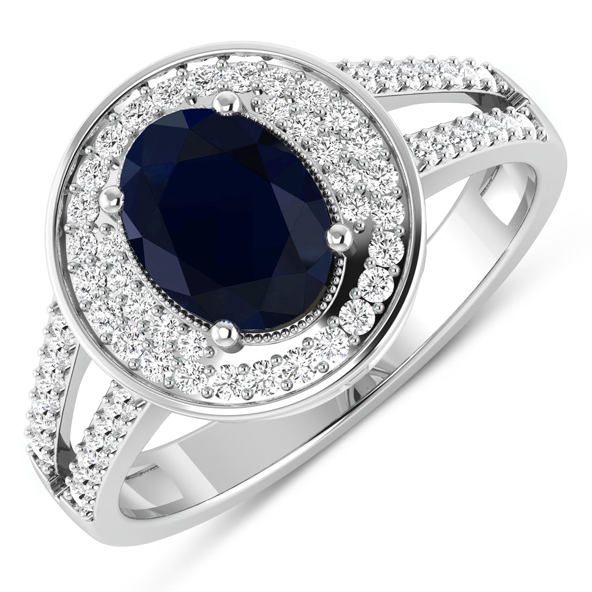 Genuine Oval Blue Sapphire Diamond Halo Ring