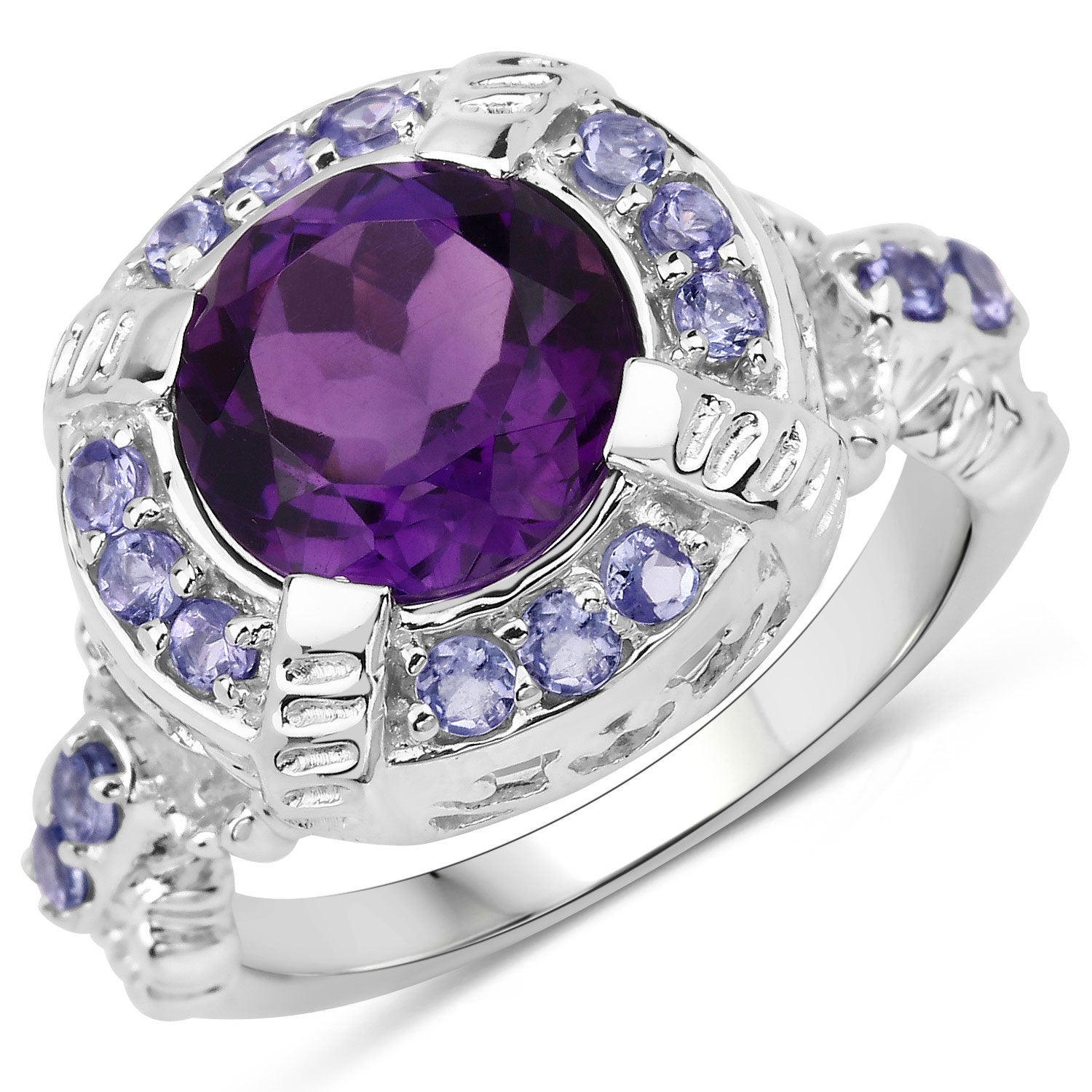 2.90 Cttw Round Purple Amethyst Rhodium over Silver Halo Ring