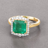 14K Gold Natural Green Zambian Emerald Diamond Halo Ring