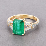 Genuine Zambian Emerald and White Diamond 14K Gold Ring