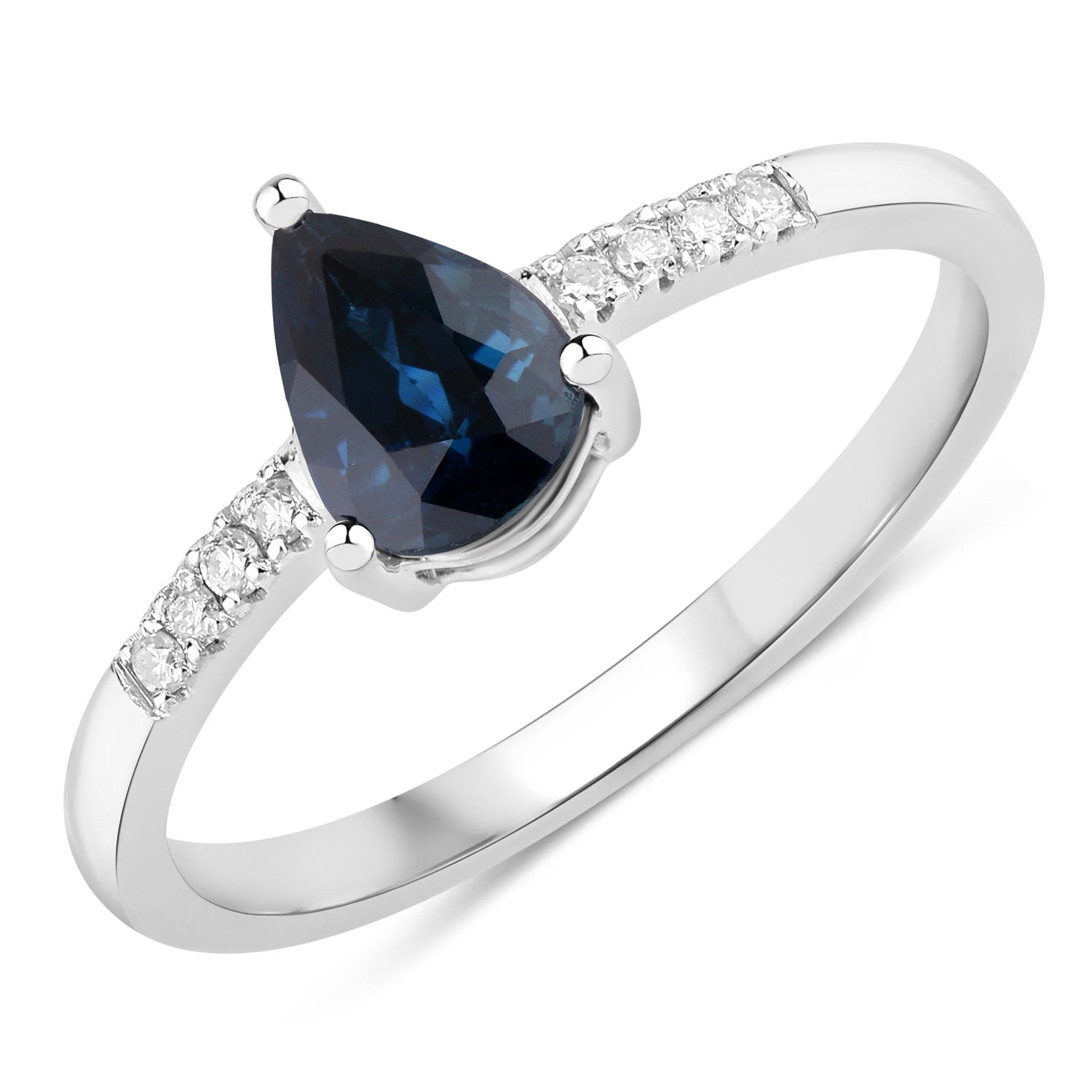 0.86ct Pear Blue Sapphire and White Diamond Prong Bridge 14K White Gold Ring image 1