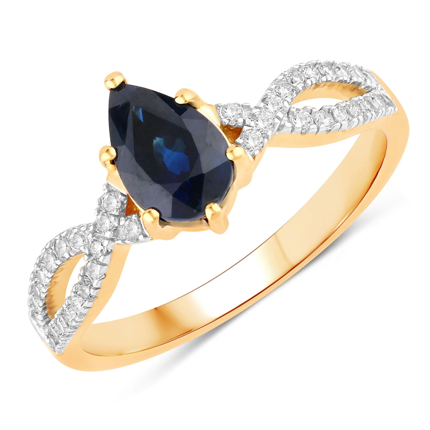 1.14ct Pear Blue Sapphire and White Diamond Prong Crossover 14K Yellow Gold Ring image 1
