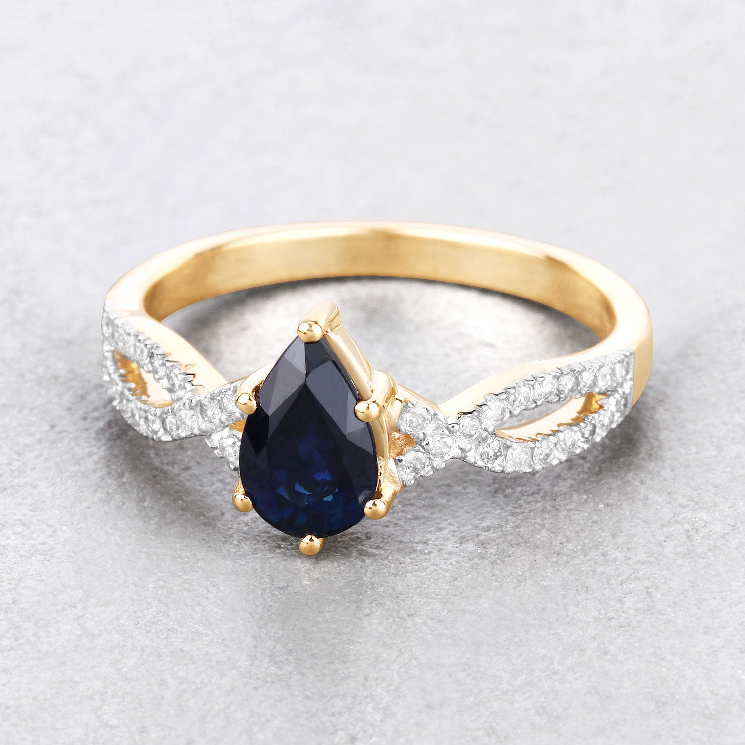 1.14ct Pear Blue Sapphire and White Diamond Prong Crossover 14K Yellow Gold Ring image 4