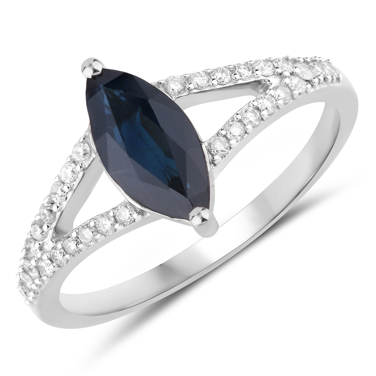 1.49ct Marquise Blue Sapphire and White Diamond Prong Bridge 14K White Gold Ring image 1