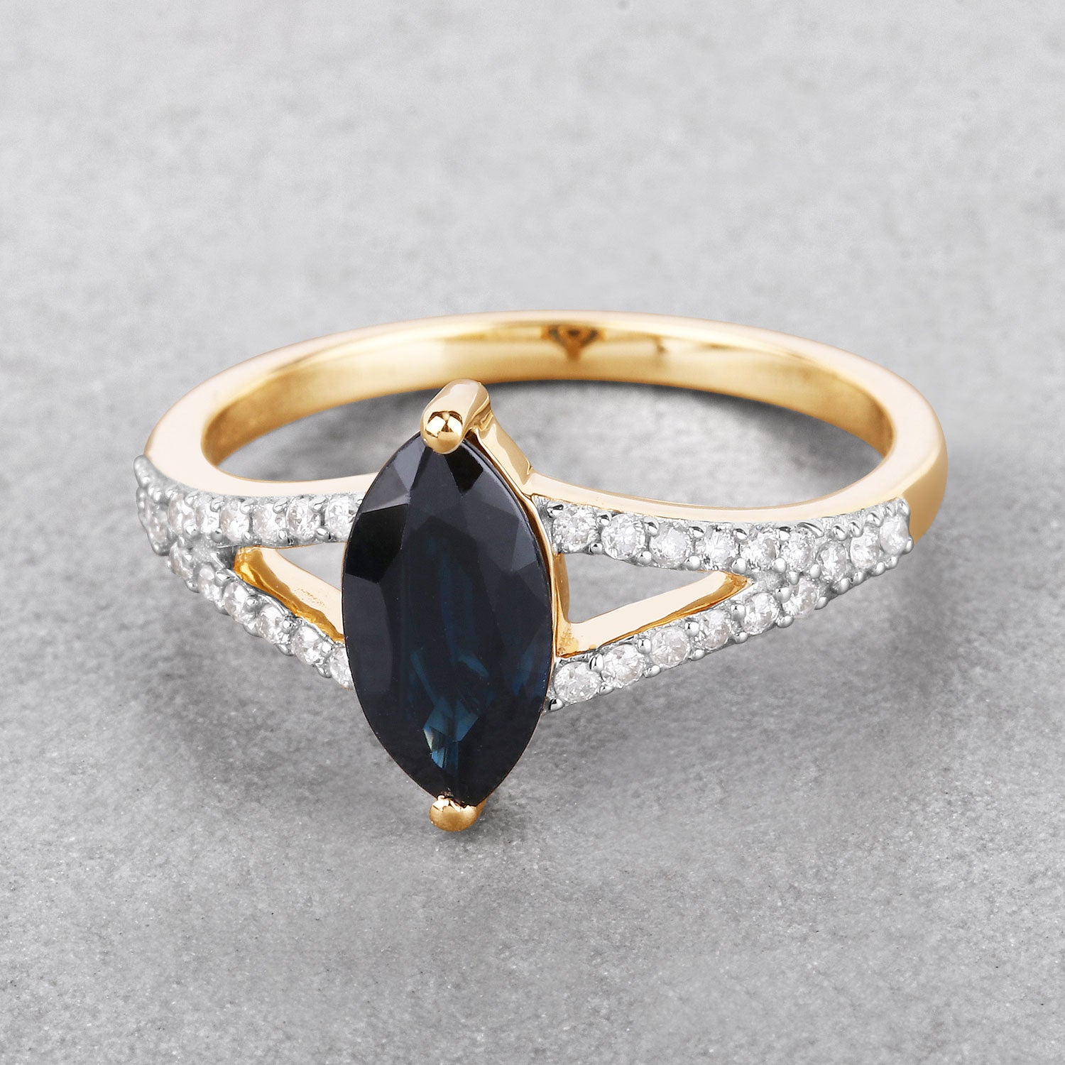 1.50ct Marquise Blue Sapphire and White Diamond Prong Bridge 14K Yellow Gold Ring image 4