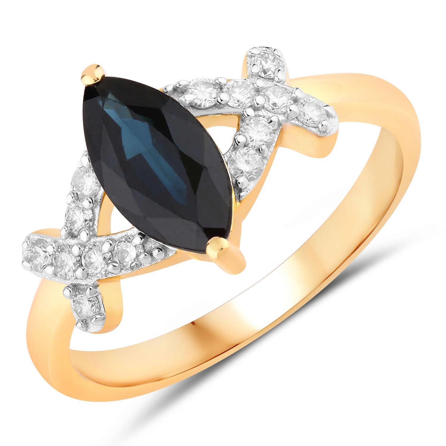 1.50ct Marquise Blue Sapphire and White Diamond Prong Butterfly 14K Yellow Gold Ring image 1