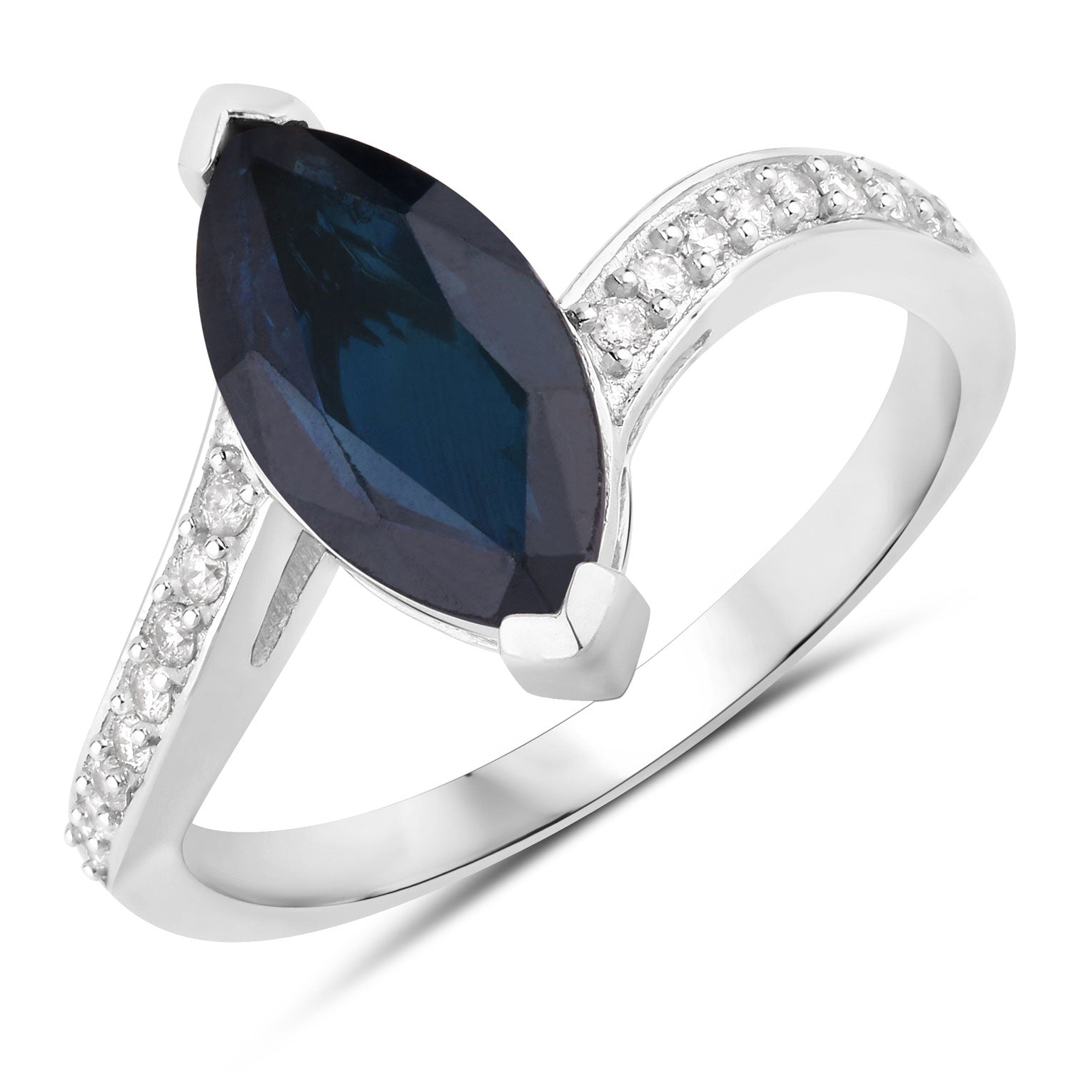 2.26ct Marquise Blue Sapphire and White Diamond Prong Bypass 14K White Gold Ring image 1