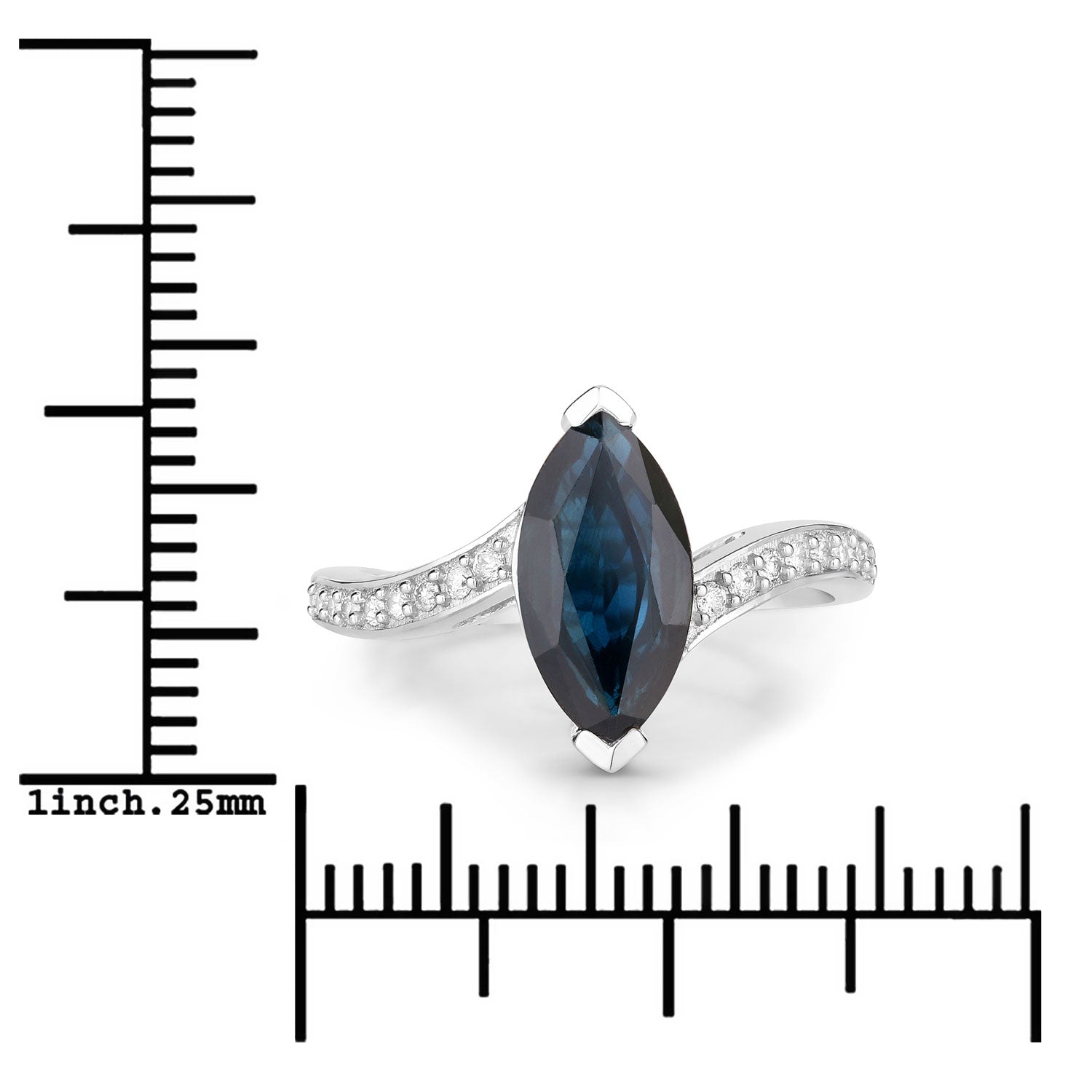 2.26ct Marquise Blue Sapphire and White Diamond Prong Bypass 14K White Gold Ring image 3