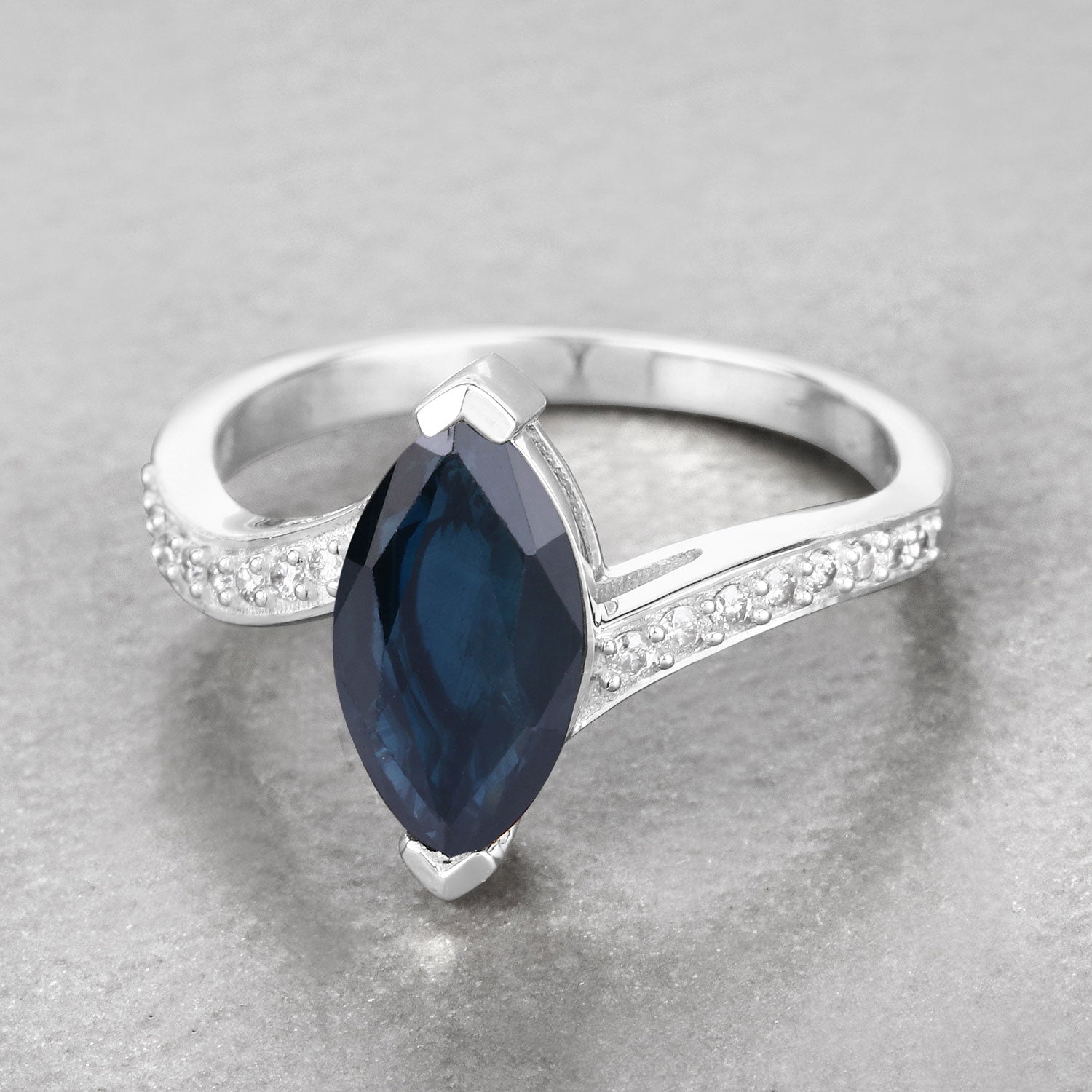 2.26ct Marquise Blue Sapphire and White Diamond Prong Bypass 14K White Gold Ring image 4