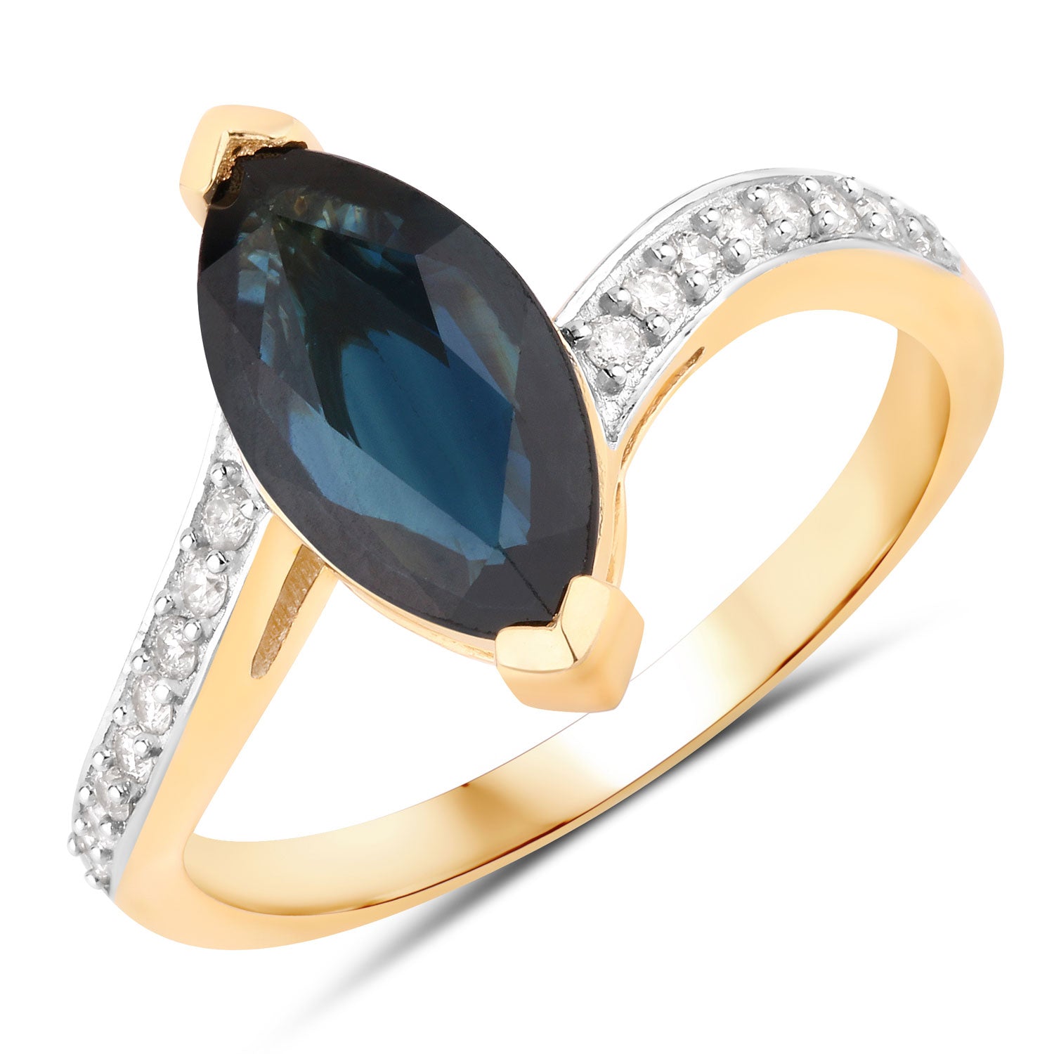 2.26ct Marquise Blue Sapphire and White Diamond Prong Bypass 14K Yellow Gold Ring image 1