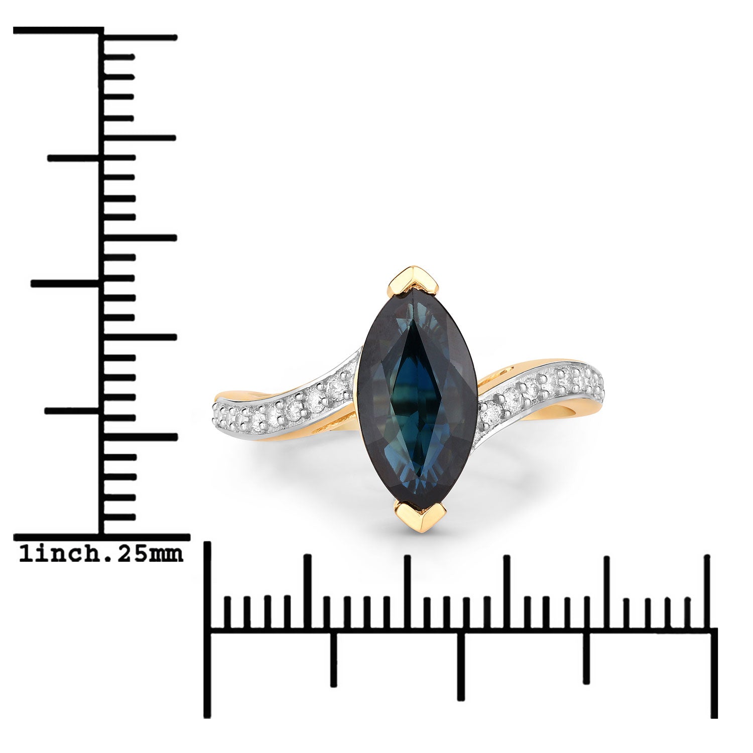 2.26ct Marquise Blue Sapphire and White Diamond Prong Bypass 14K Yellow Gold Ring image 3