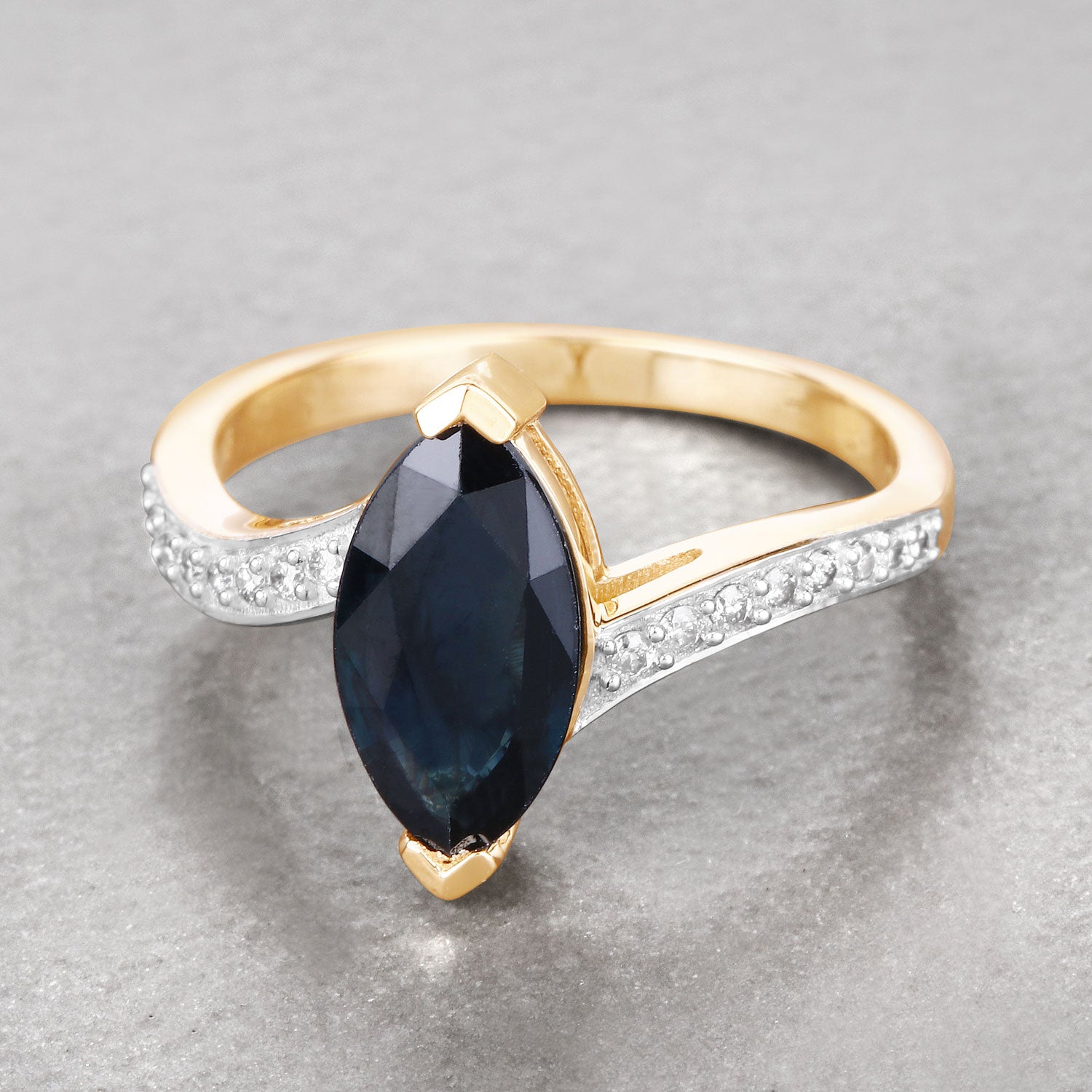 2.26ct Marquise Blue Sapphire and White Diamond Prong Bypass 14K Yellow Gold Ring image 4