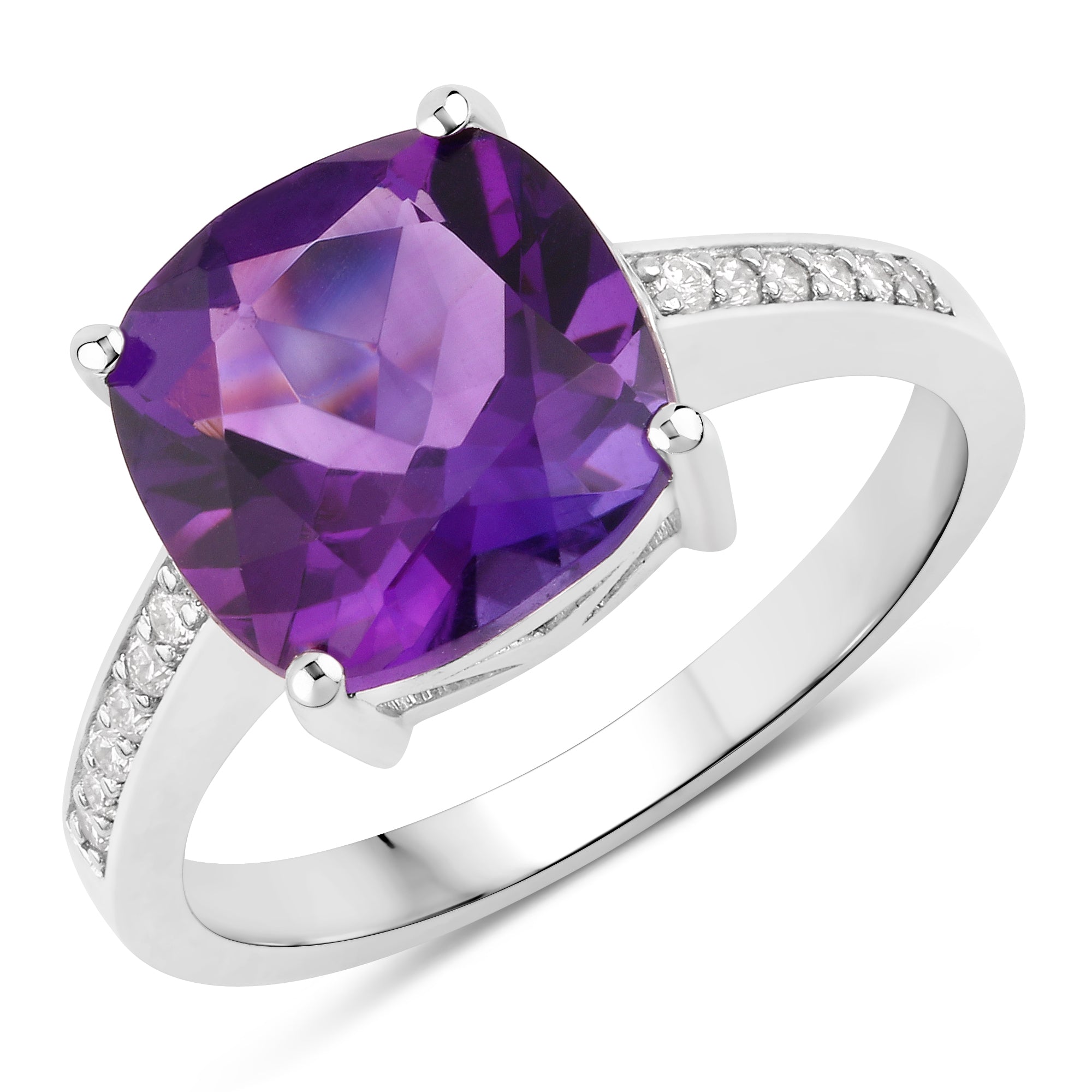 Natural Amethyst and Lab Diamond Cushion Cut Ring