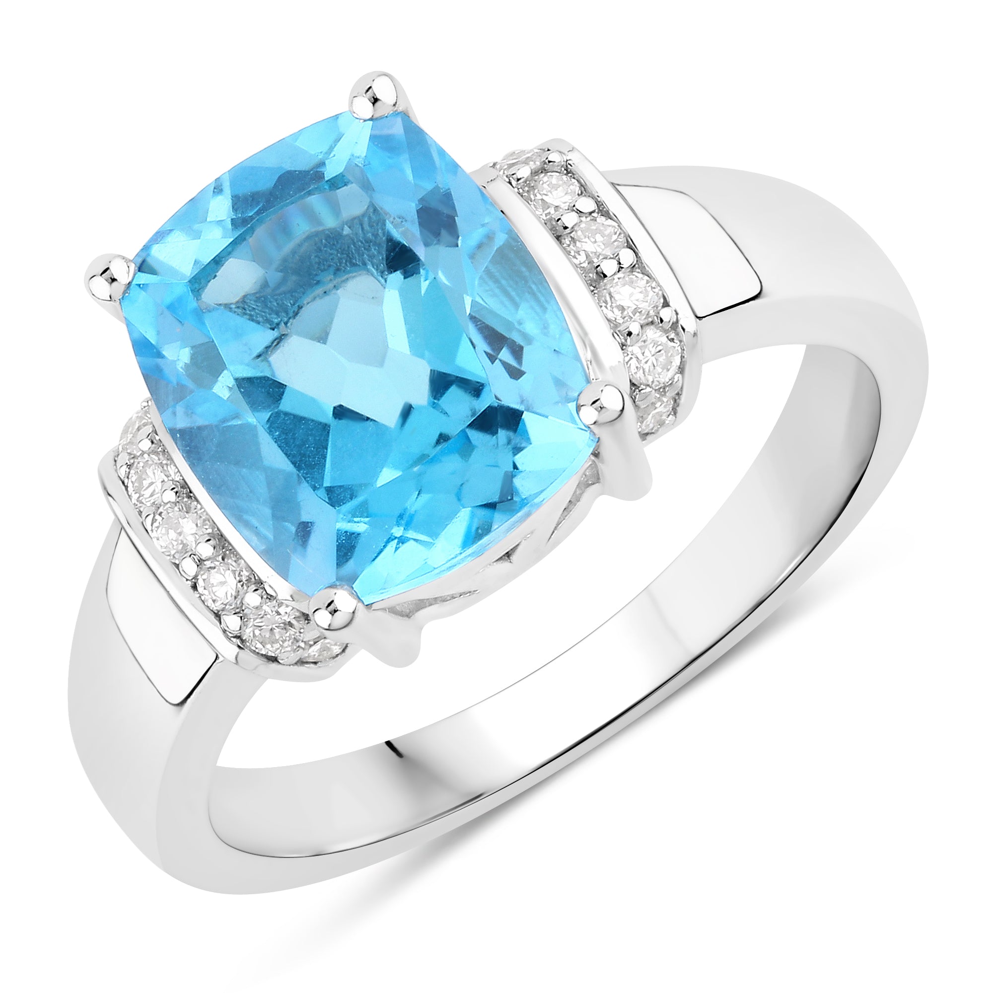 Natural Swiss Blue Topaz and Diamond Cushion Cut Ring