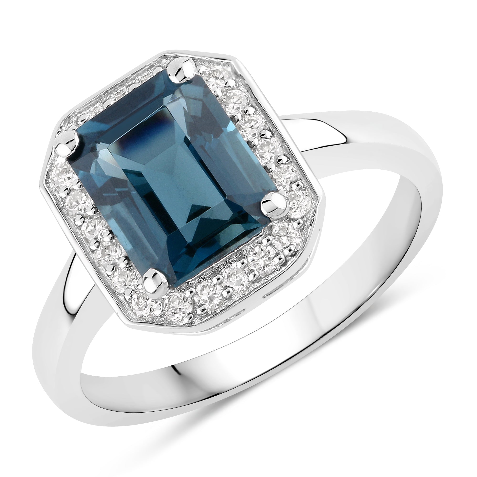 Natural London Blue Topaz and Lab Diamond Halo Ring