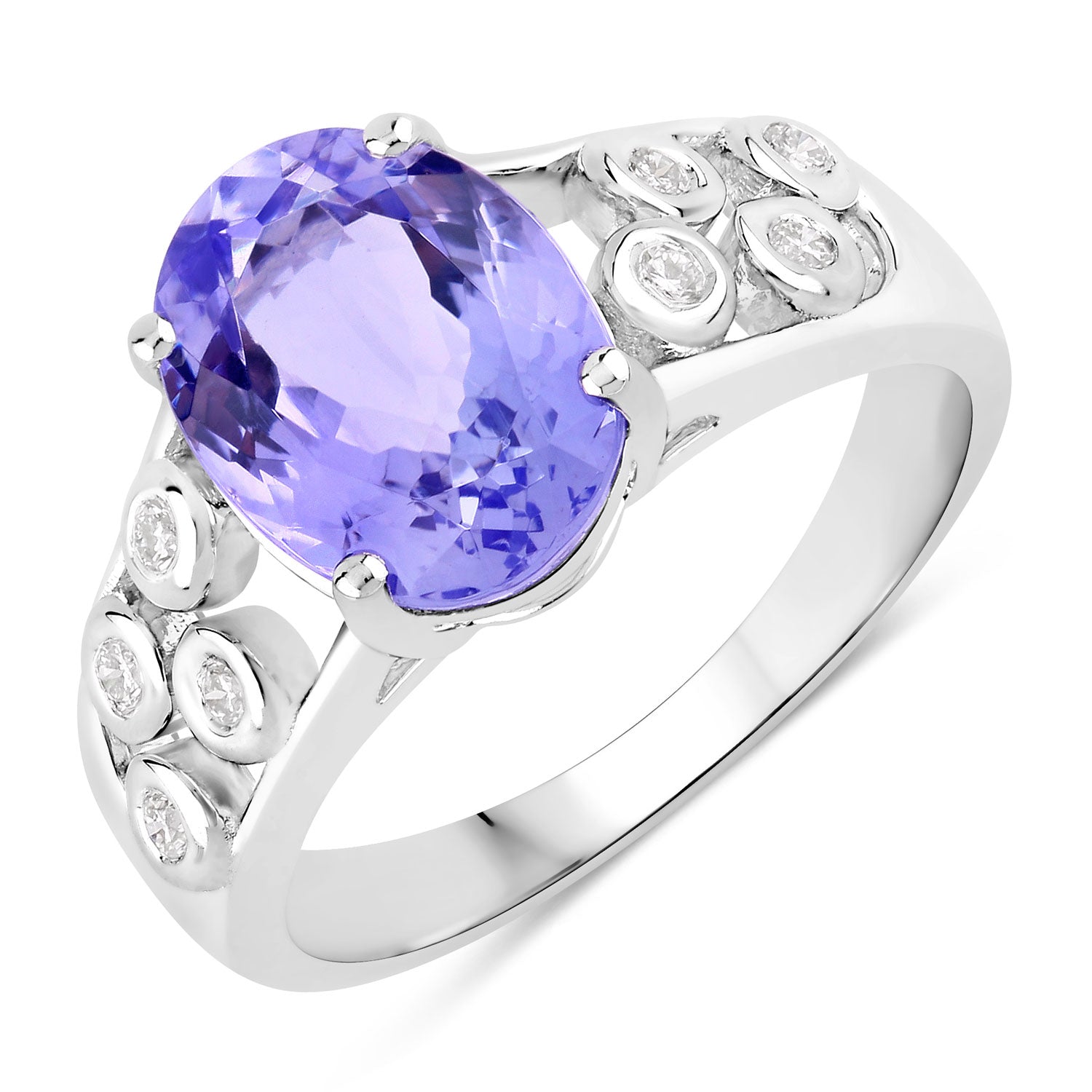 3.42 Cttw Oval Violet Tanzanite and Lab Diamond Rhodium over Silver Cocktail Ring