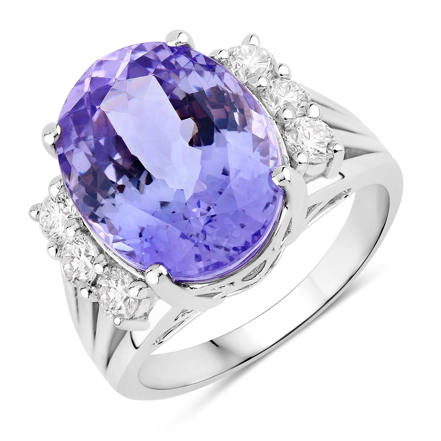 10.43 Cttw Oval Violet Tanzanite and Lab Diamond Rhodium over Silver Bridge Ring